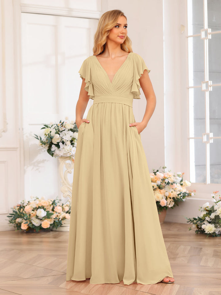 A-Line/Princess V-Neck Long Wedding Party Dresses with Split Side &amp; Pockets
