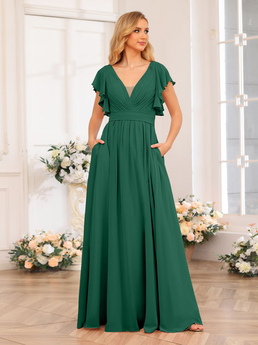 A-Line/Princess V-Neck Long Wedding Party Dresses with Split Side &amp; Pockets
