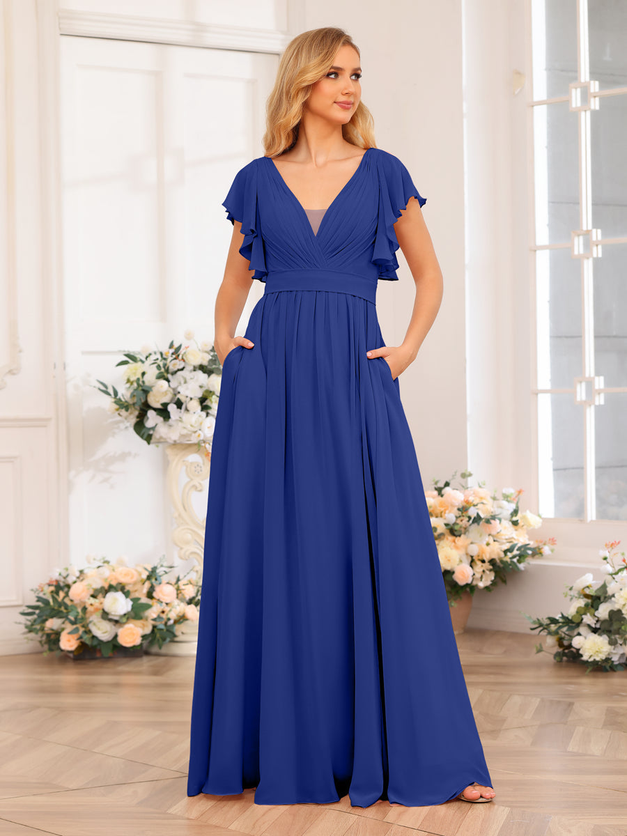 A-Line/Princess V-Neck Long Wedding Party Dresses with Split Side &amp; Pockets