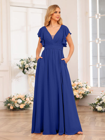 A-Line/Princess V-Neck Long Wedding Party Dresses with Split Side & Pockets