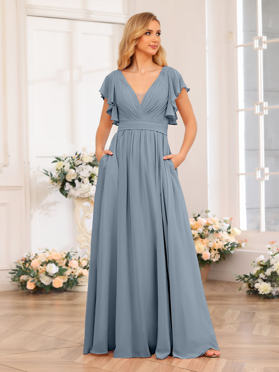 A-Line/Princess V-Neck Long Wedding Party Dresses with Split Side &amp; Pockets