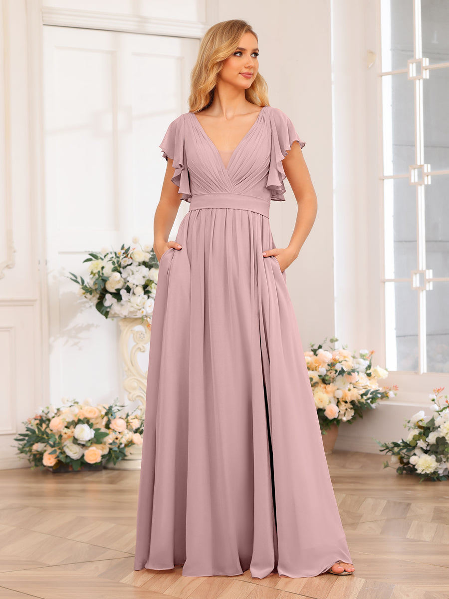 A-Line/Princess V-Neck Long Wedding Party Dresses with Split Side &amp; Pockets