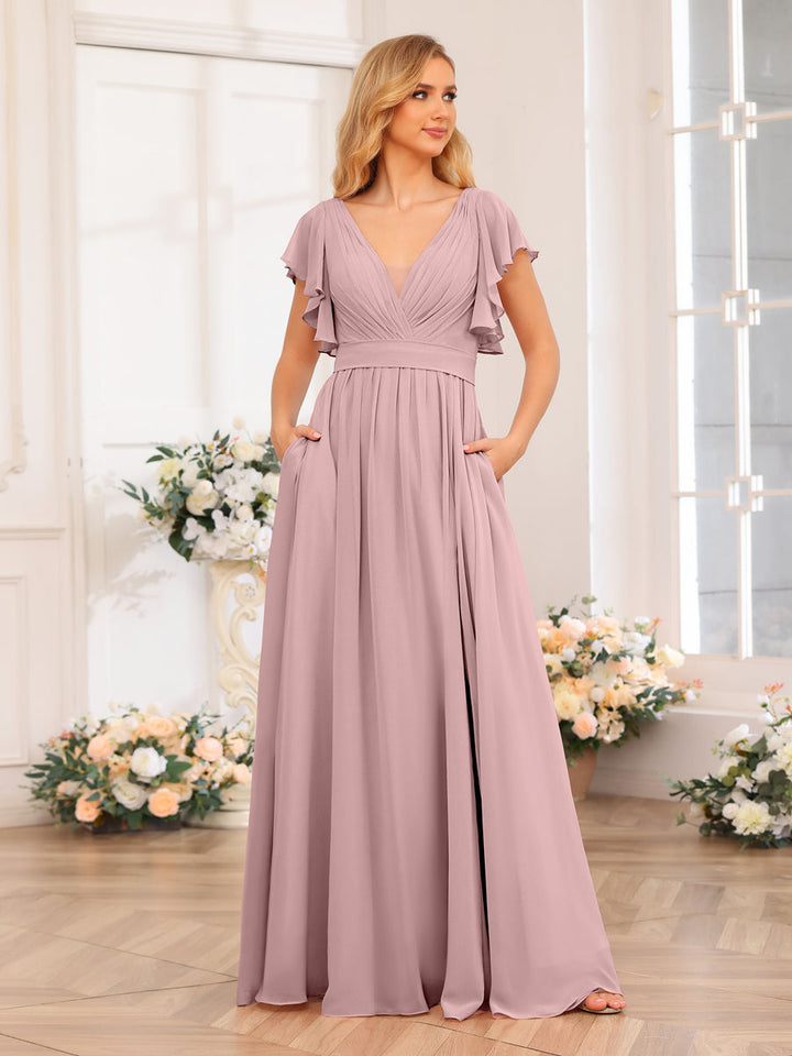 A-Line/Princess V-Neck Long Wedding Party Dresses with Split Side &amp; Pockets