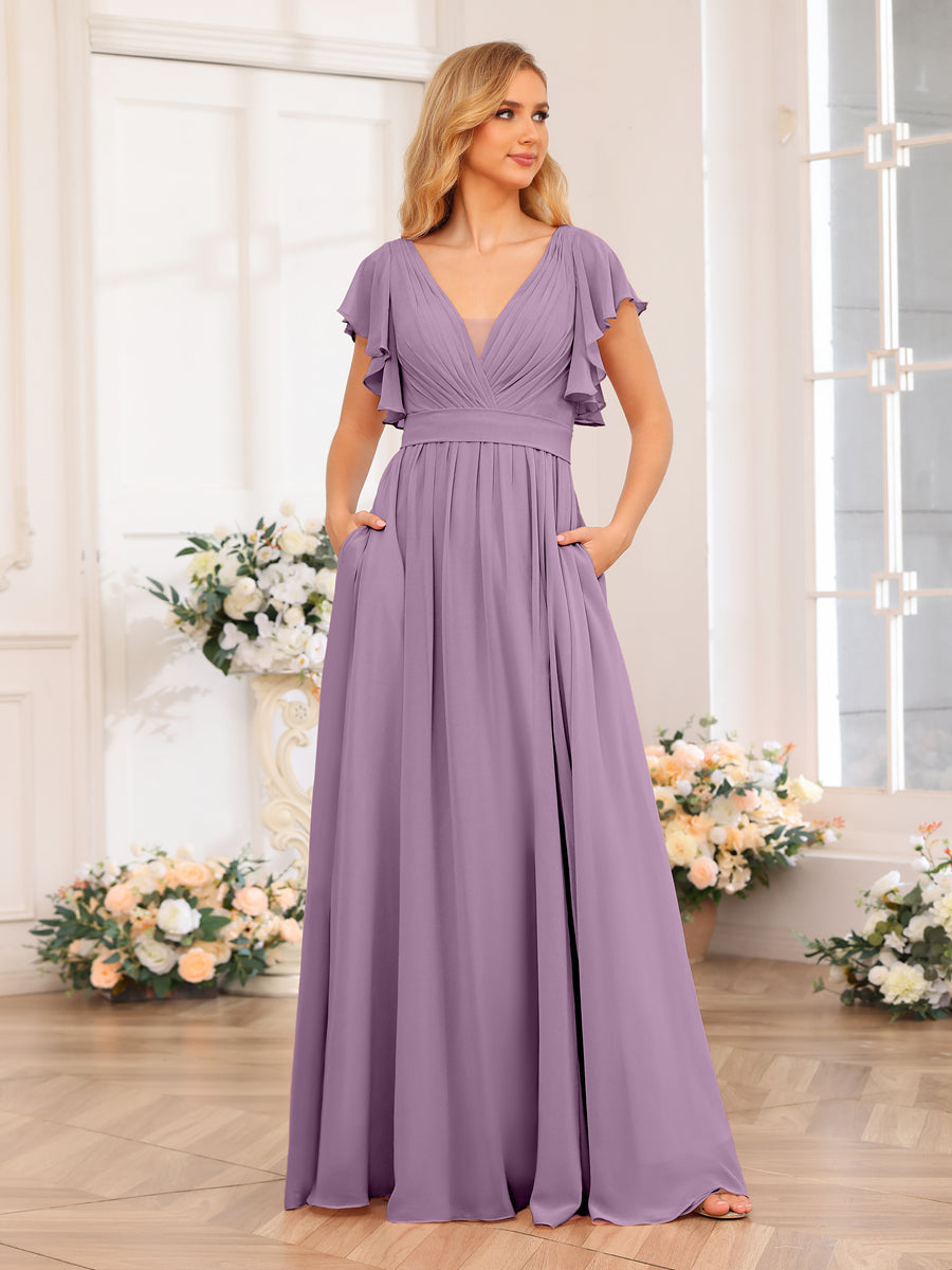 A-Line/Princess V-Neck Long Wedding Party Dresses with Split Side &amp; Pockets