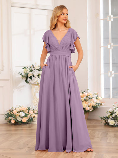 A-Line/Princess V-Neck Long Wedding Party Dresses with Split Side & Pockets