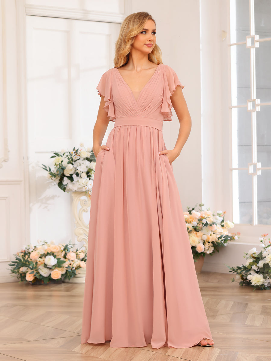 A-Line/Princess V-Neck Long Wedding Party Dresses with Split Side &amp; Pockets