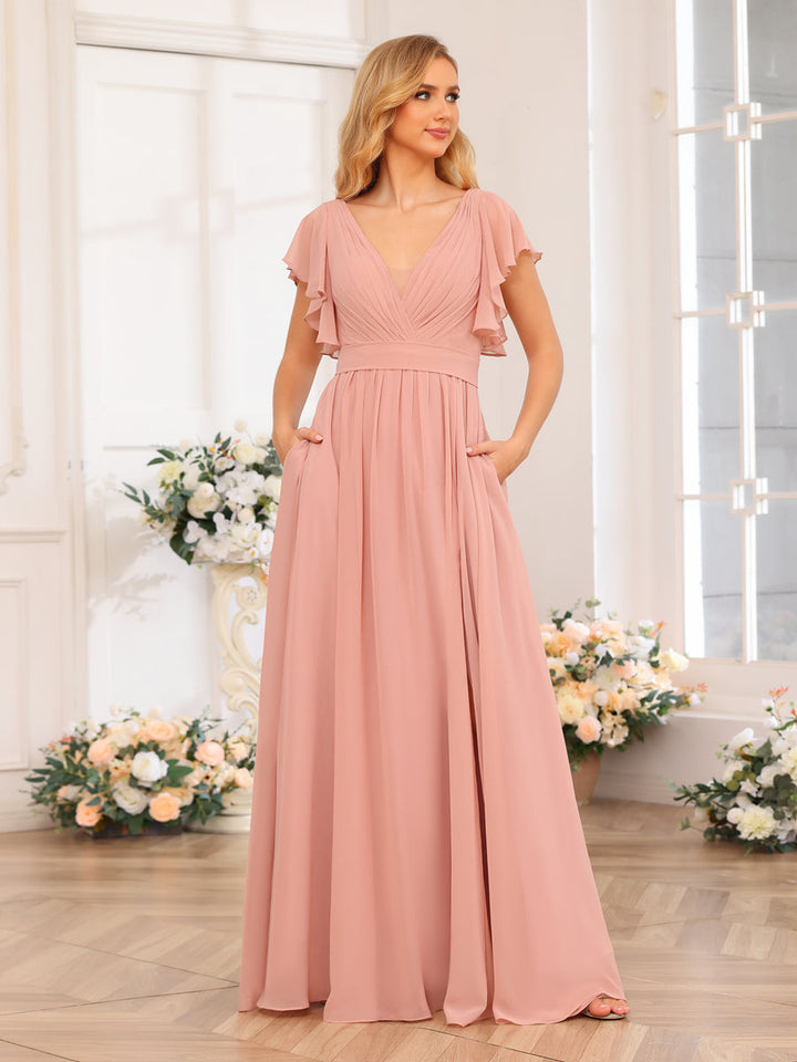A-Line/Princess V-Neck Long Wedding Party Dresses with Split Side &amp; Pockets
