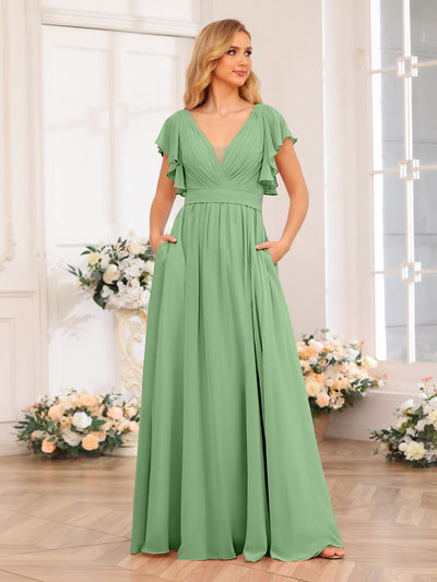 A-Line/Princess V-Neck Long Wedding Party Dresses with Split Side & Pockets