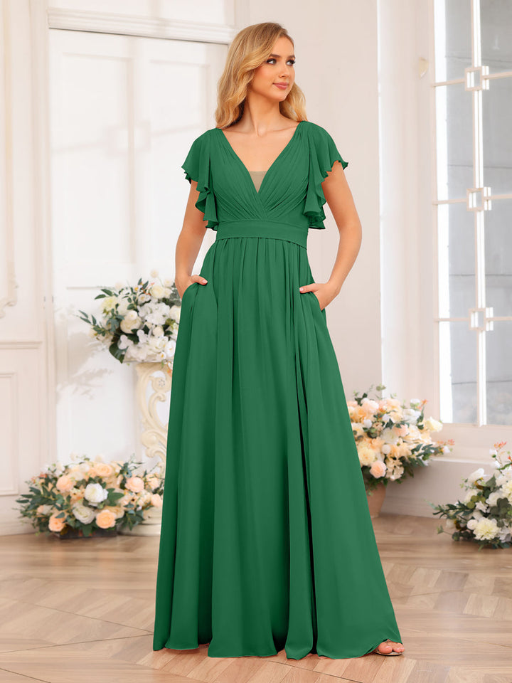 A-Line/Princess V-Neck Long Wedding Party Dresses with Split Side &amp; Pockets