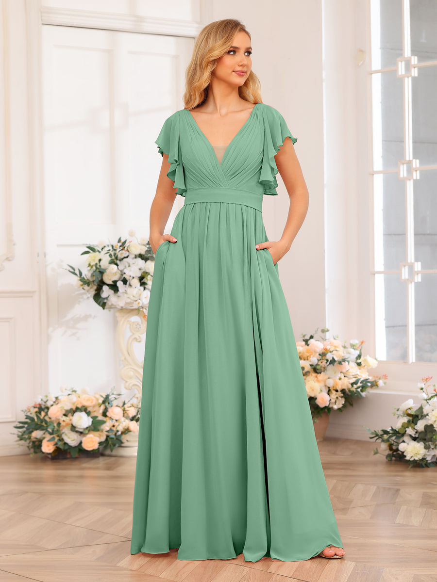A-Line/Princess V-Neck Long Wedding Party Dresses with Split Side &amp; Pockets
