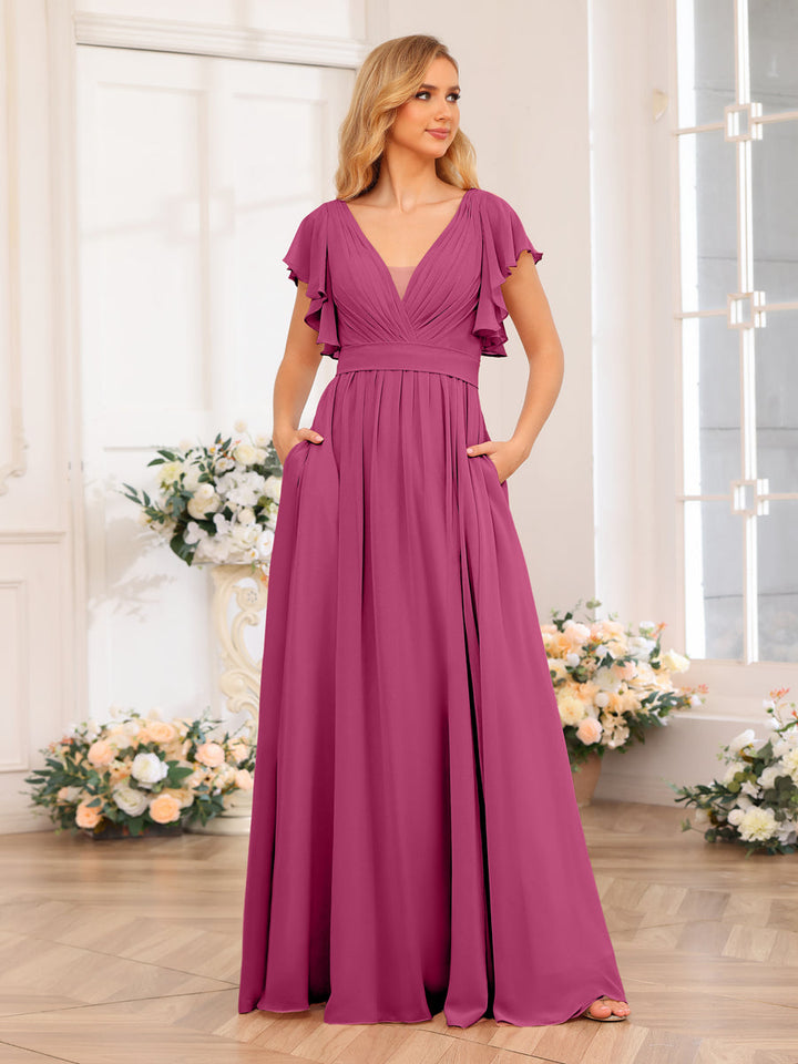 A-Line/Princess V-Neck Long Wedding Party Dresses with Split Side &amp; Pockets