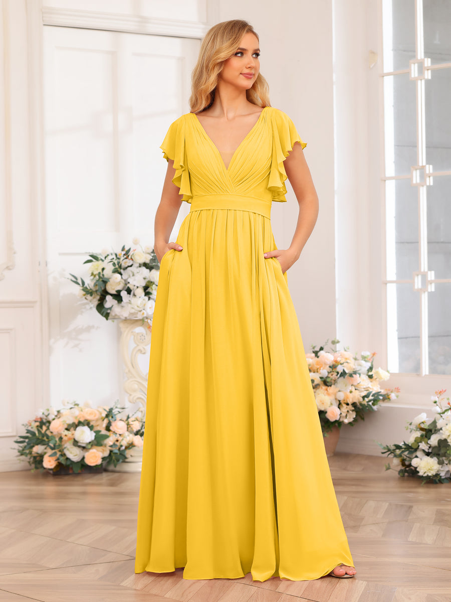 A-Line/Princess V-Neck Long Wedding Party Dresses with Split Side &amp; Pockets