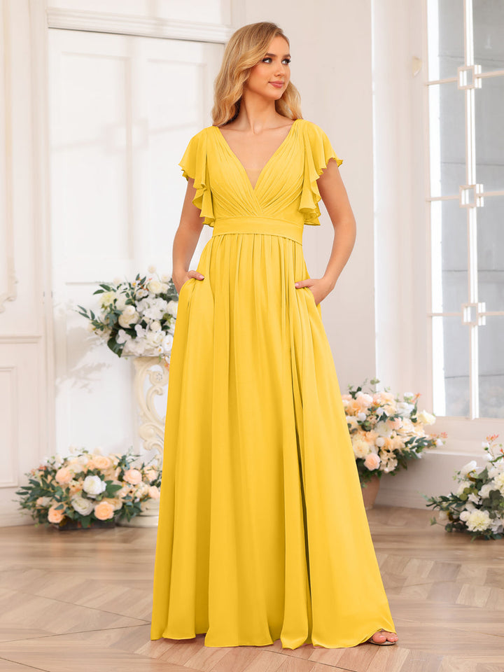 A-Line/Princess V-Neck Long Wedding Party Dresses with Split Side &amp; Pockets