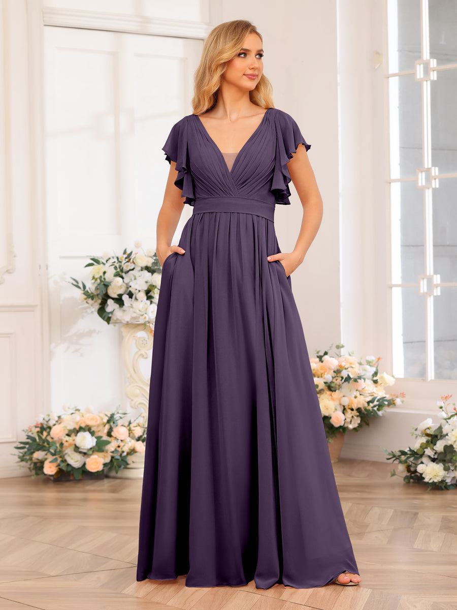 A-Line/Princess V-Neck Long Wedding Party Dresses with Split Side &amp; Pockets