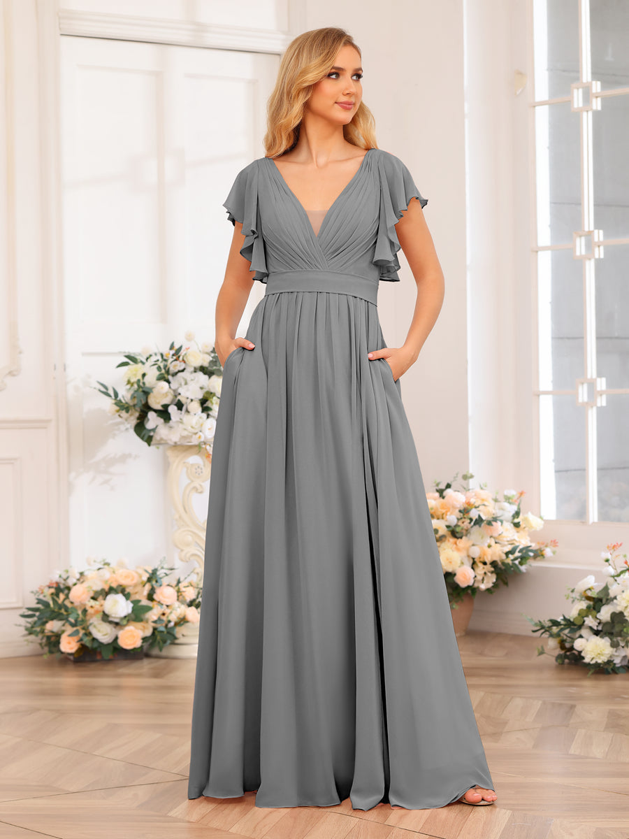 A-Line/Princess V-Neck Long Wedding Party Dresses with Split Side &amp; Pockets