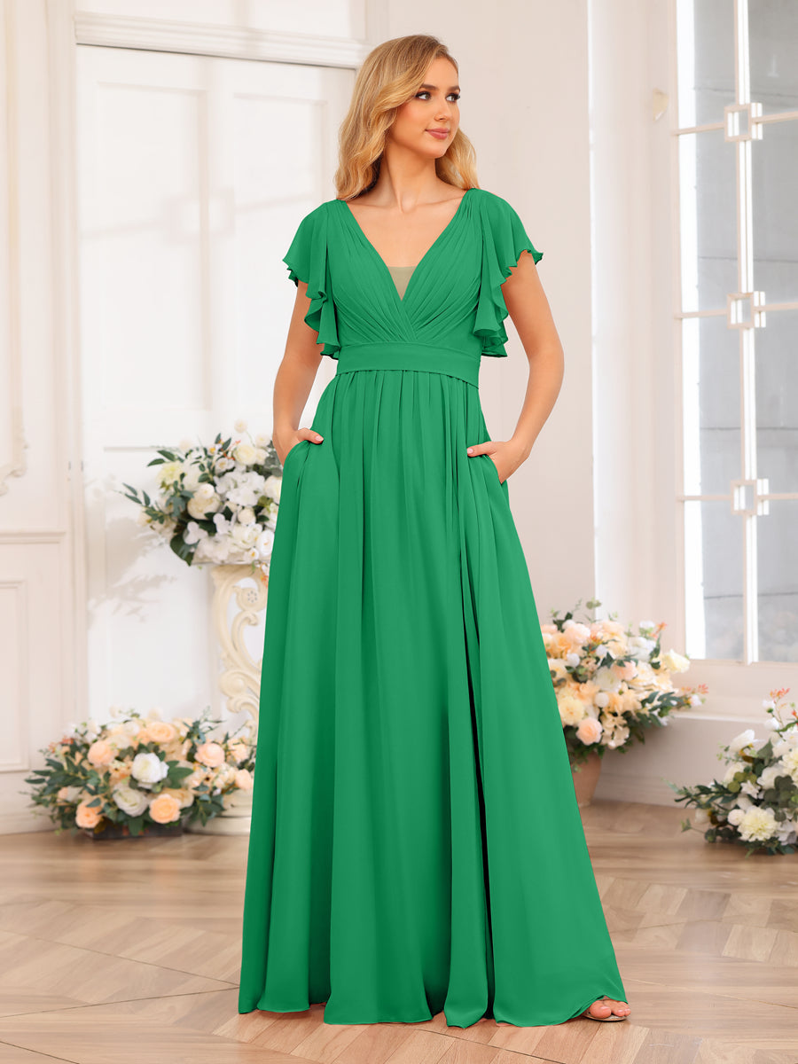 A-Line/Princess V-Neck Long Wedding Party Dresses with Split Side &amp; Pockets