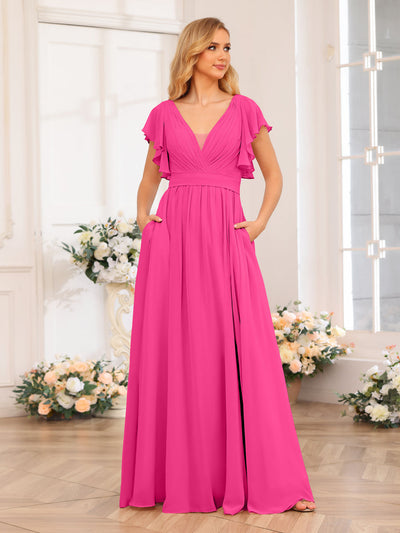 A-Line/Princess V-Neck Long Wedding Party Dresses with Split Side & Pockets