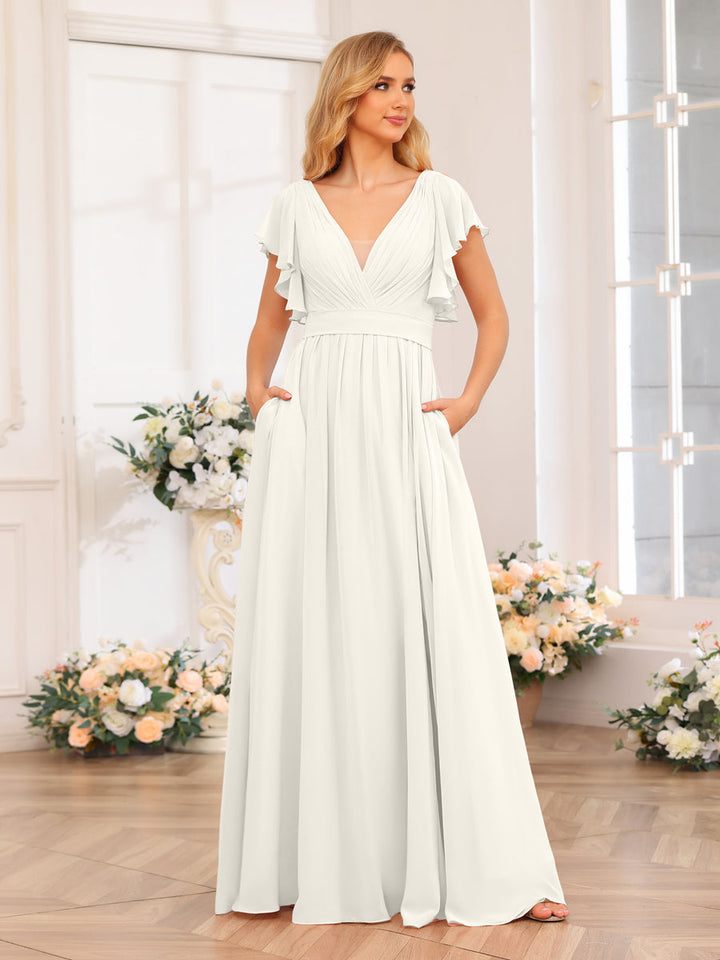 A-Line/Princess V-Neck Long Wedding Party Dresses with Split Side &amp; Pockets