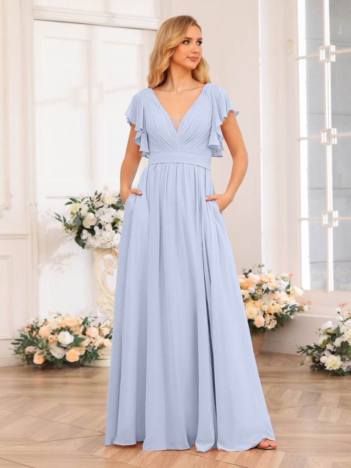 A-Line/Princess V-Neck Long Wedding Party Dresses with Split Side &amp; Pockets