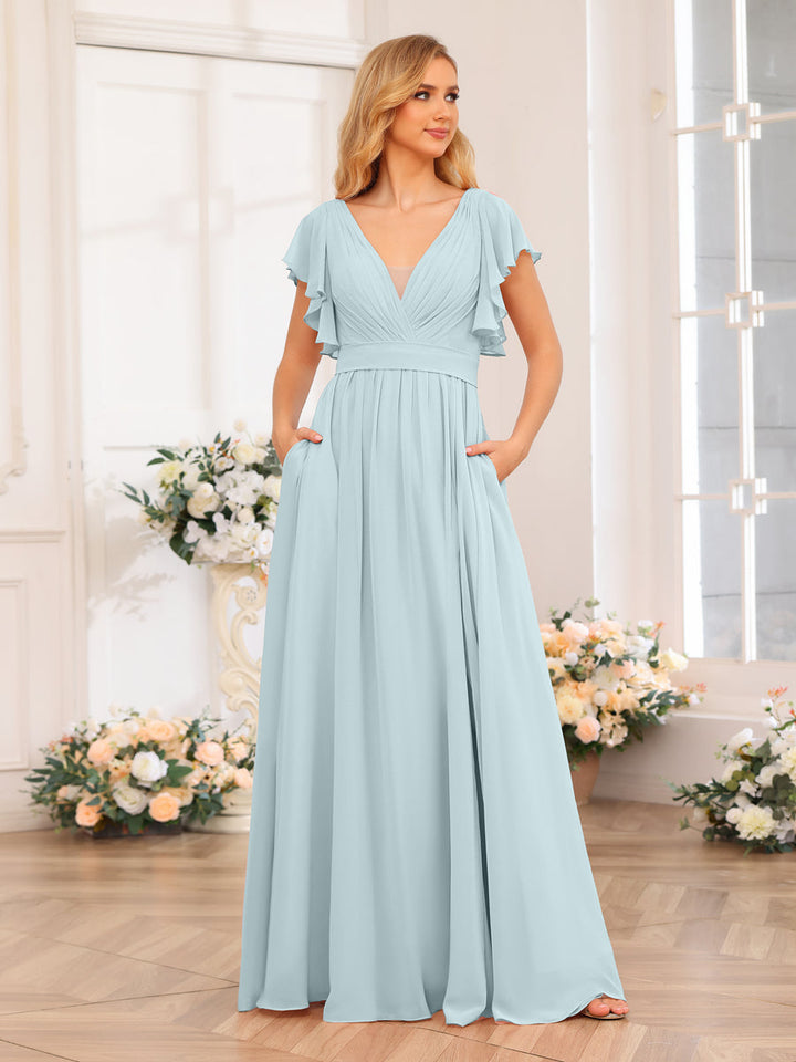 A-Line/Princess V-Neck Long Wedding Party Dresses with Split Side &amp; Pockets