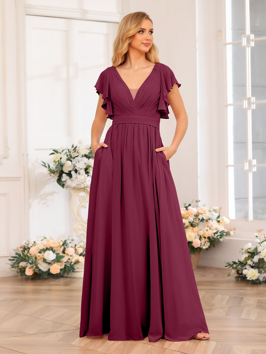 A-Line/Princess V-Neck Long Wedding Party Dresses with Split Side &amp; Pockets