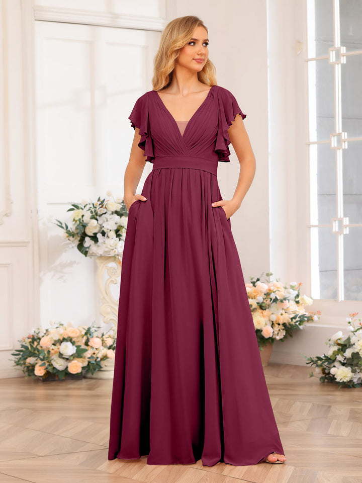 A-Line/Princess V-Neck Long Wedding Party Dresses with Split Side &amp; Pockets