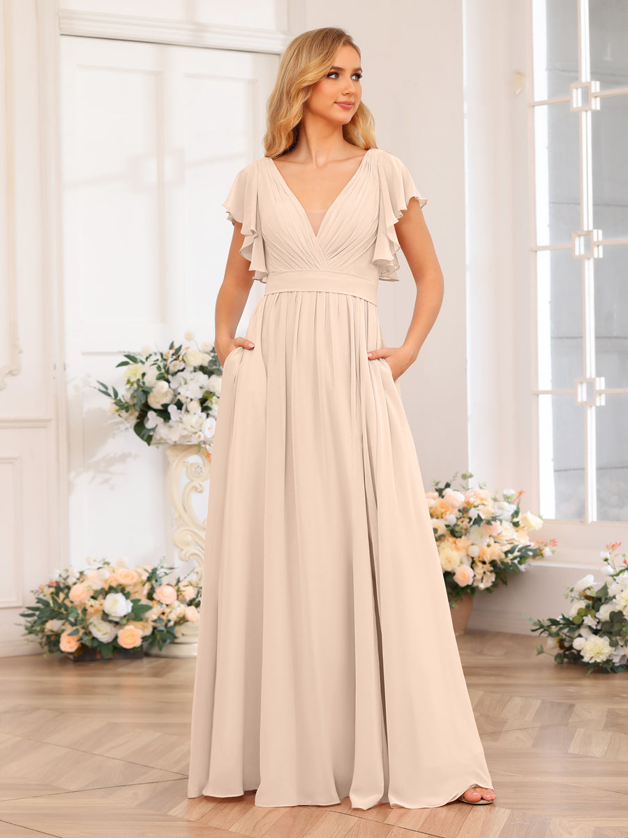 A-Line/Princess V-Neck Long Wedding Party Dresses with Split Side &amp; Pockets