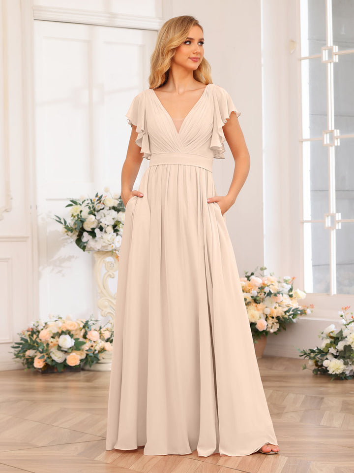 A-Line/Princess V-Neck Long Wedding Party Dresses with Split Side &amp; Pockets