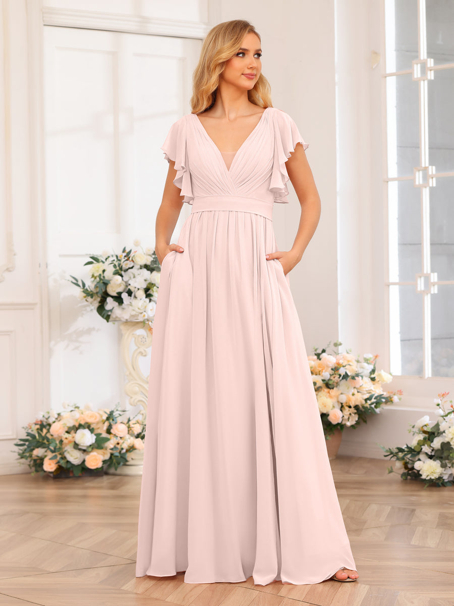 A-Line/Princess V-Neck Long Wedding Party Dresses with Split Side &amp; Pockets