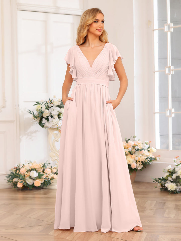 A-Line/Princess V-Neck Long Wedding Party Dresses with Split Side &amp; Pockets