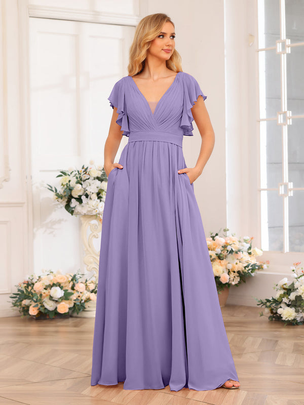 A-Line/Princess V-Neck Long Wedding Party Dresses with Split Side & Pockets