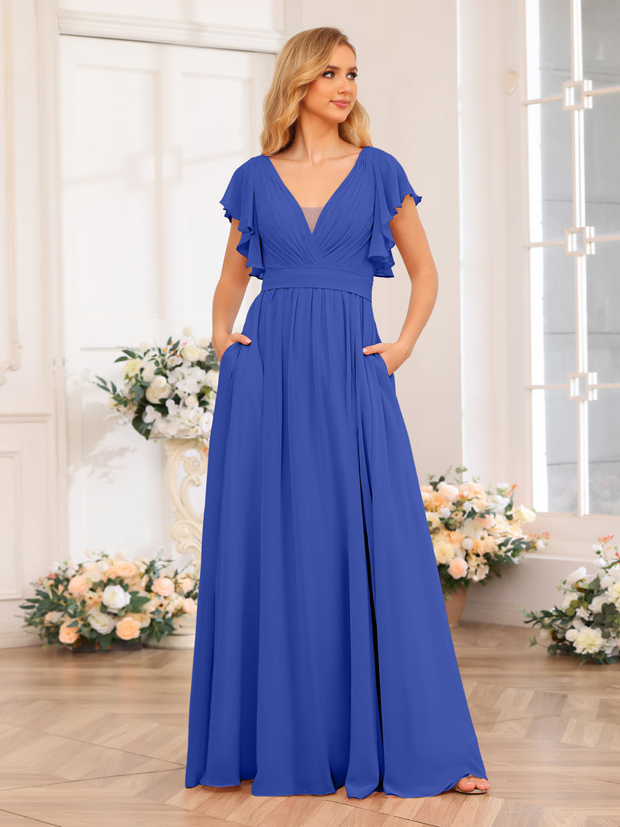 A-Line/Princess V-Neck Long Wedding Party Dresses with Split Side &amp; Pockets