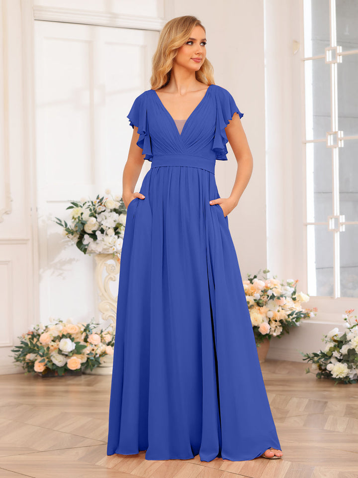A-Line/Princess V-Neck Long Wedding Party Dresses with Split Side &amp; Pockets