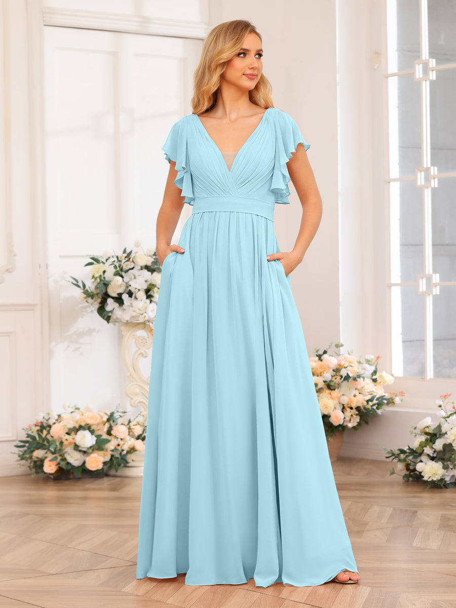 A-Line/Princess V-Neck Long Wedding Party Dresses with Split Side &amp; Pockets
