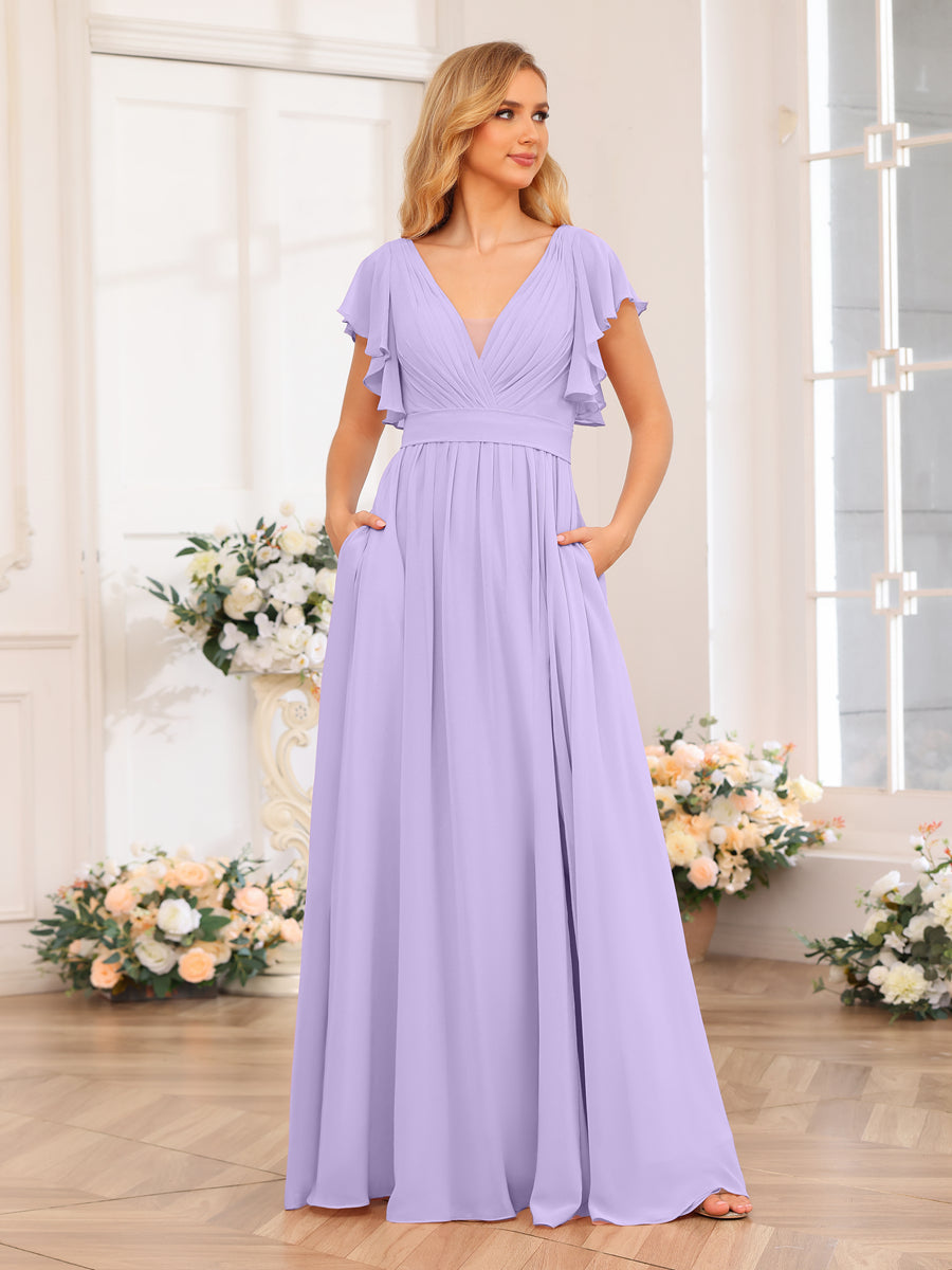 A-Line/Princess V-Neck Long Wedding Party Dresses with Split Side &amp; Pockets