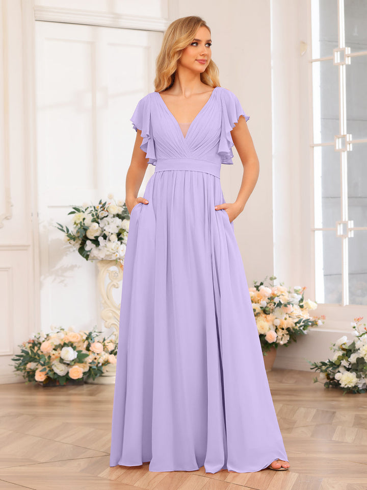 A-Line/Princess V-Neck Long Wedding Party Dresses with Split Side &amp; Pockets