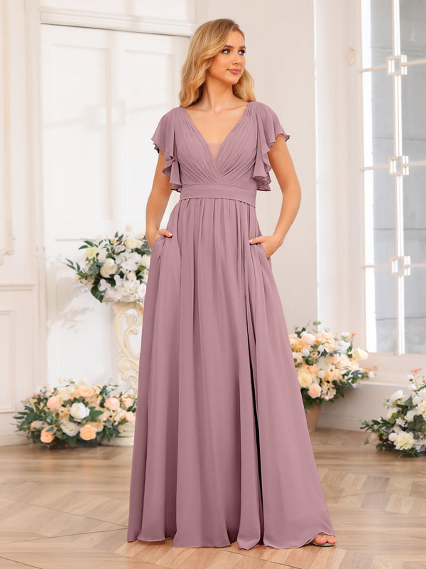 A-Line/Princess V-Neck Long Wedding Party Dresses with Split Side & Pockets