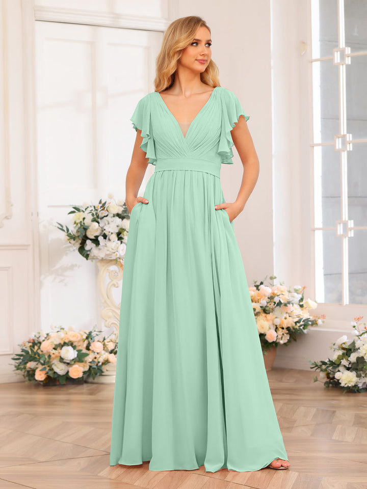 A-Line/Princess V-Neck Long Wedding Party Dresses with Split Side &amp; Pockets