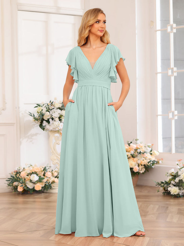 A-Line/Princess V-Neck Long Wedding Party Dresses with Split Side &amp; Pockets