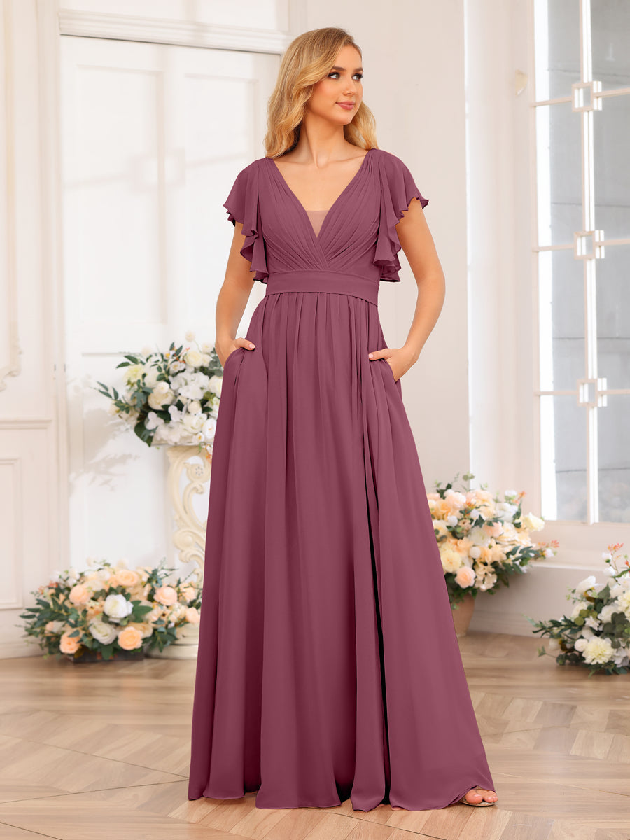 A-Line/Princess V-Neck Long Wedding Party Dresses with Split Side &amp; Pockets