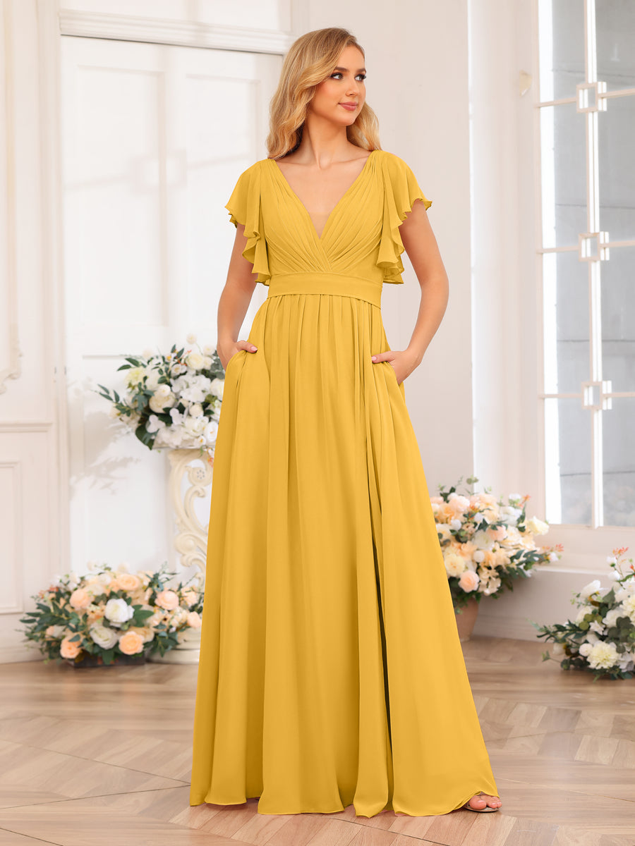 A-Line/Princess V-Neck Long Wedding Party Dresses with Split Side &amp; Pockets