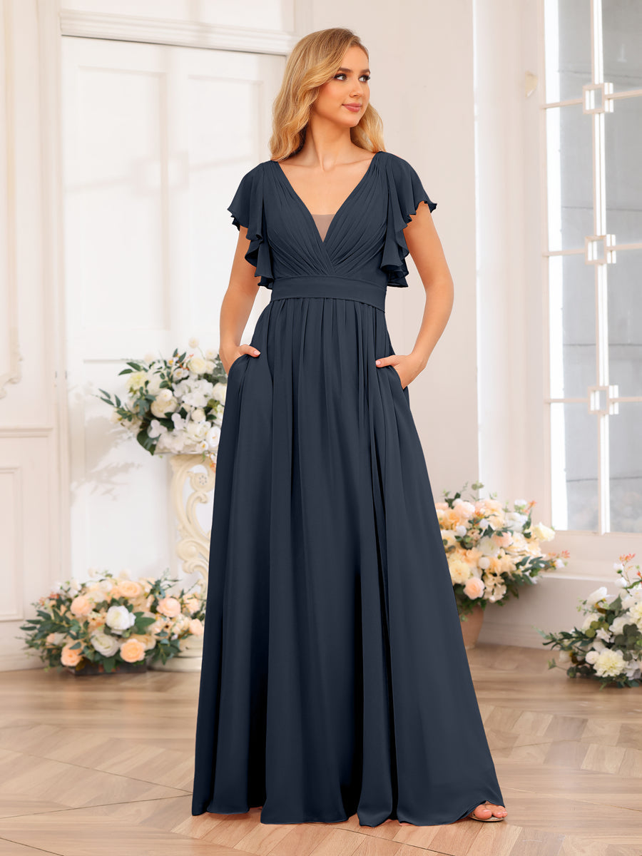 A-Line/Princess V-Neck Long Wedding Party Dresses with Split Side &amp; Pockets