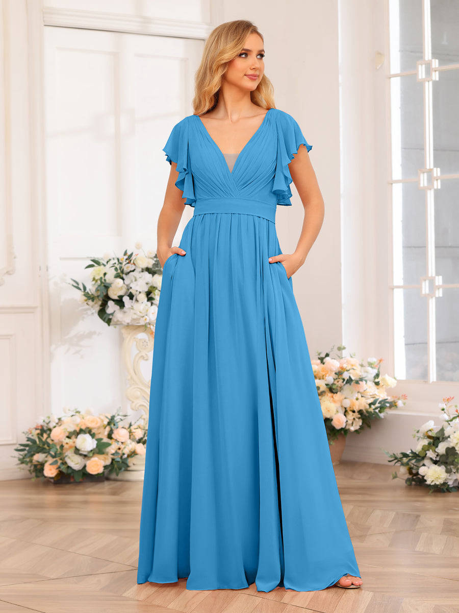 A-Line/Princess V-Neck Long Wedding Party Dresses with Split Side &amp; Pockets