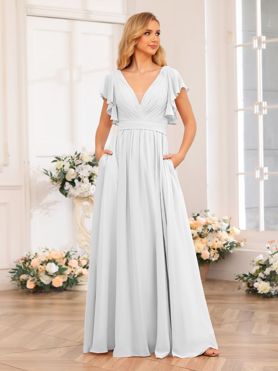 A-Line/Princess V-Neck Long Wedding Party Dresses with Split Side &amp; Pockets