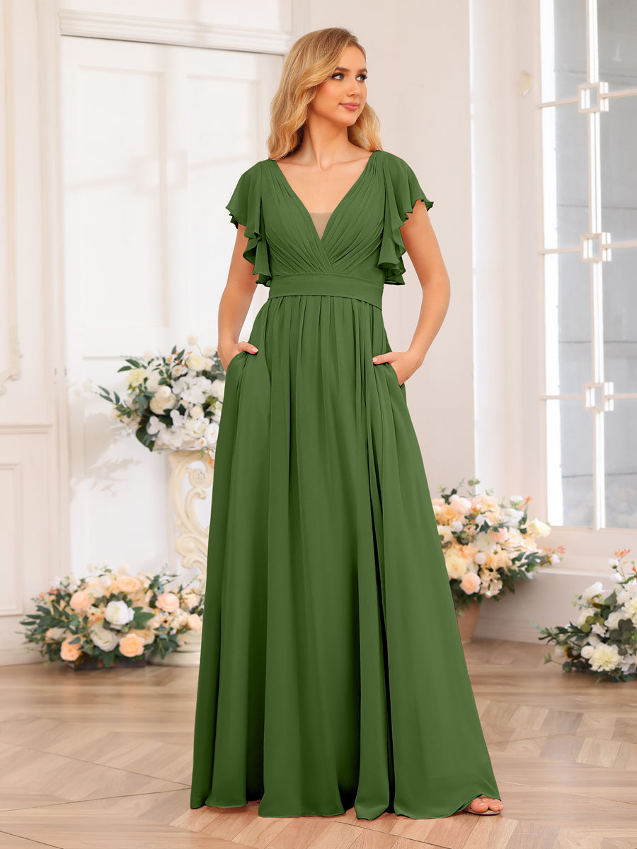 A-Line/Princess V-Neck Long Wedding Party Dresses with Split Side &amp; Pockets