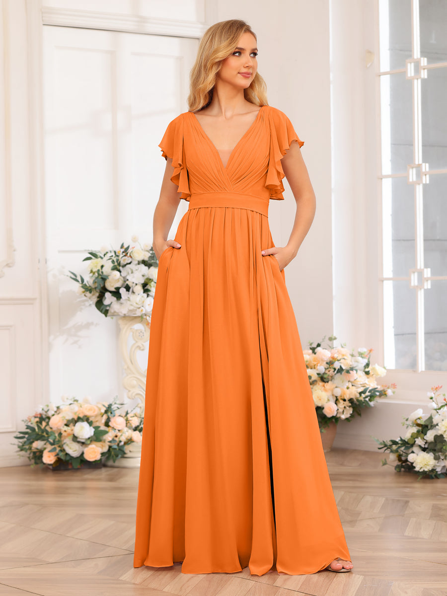A-Line/Princess V-Neck Long Wedding Party Dresses with Split Side &amp; Pockets