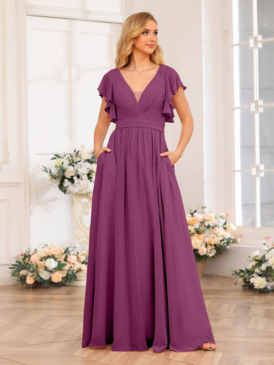 A-Line/Princess V-Neck Long Wedding Party Dresses with Split Side & Pockets