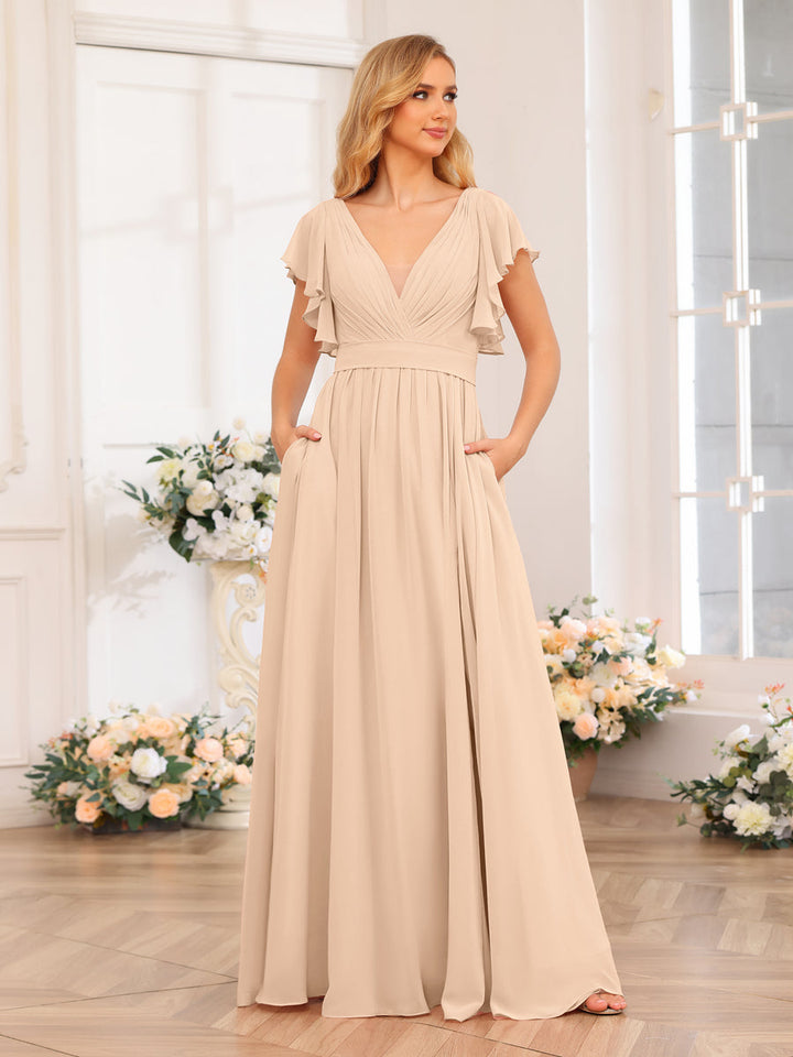 A-Line/Princess V-Neck Long Wedding Party Dresses with Split Side &amp; Pockets