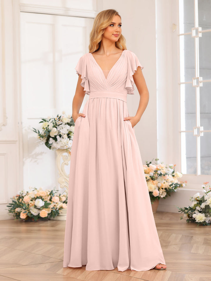 A-Line/Princess V-Neck Long Wedding Party Dresses with Split Side &amp; Pockets