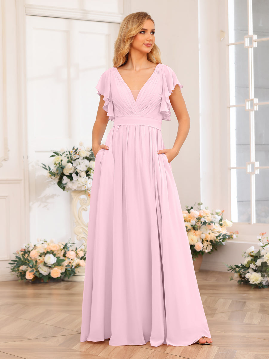A-Line/Princess V-Neck Long Wedding Party Dresses with Split Side &amp; Pockets
